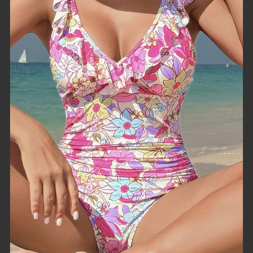 Floral Ruffle One-Piece Swimsuit in Pink